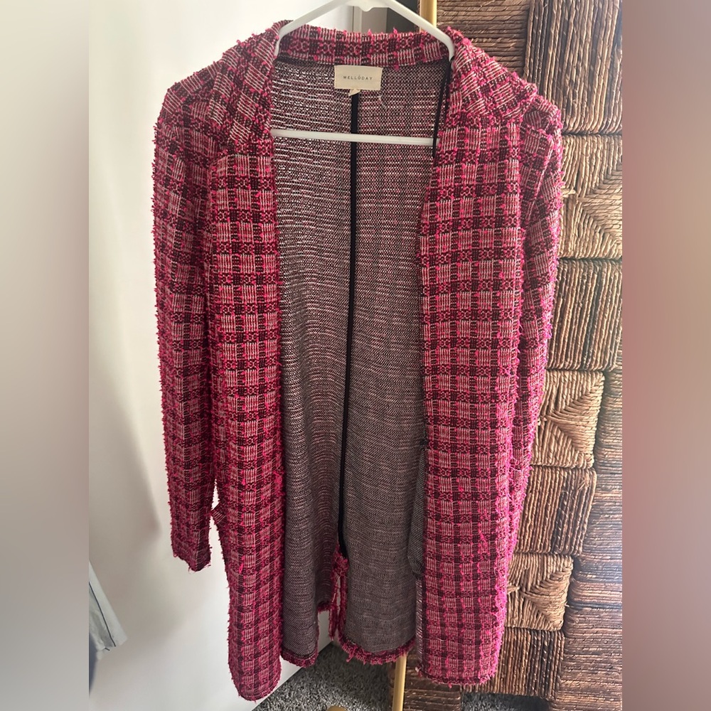 MELLODAY Pink Plaid Open-Front Knit Cardigan